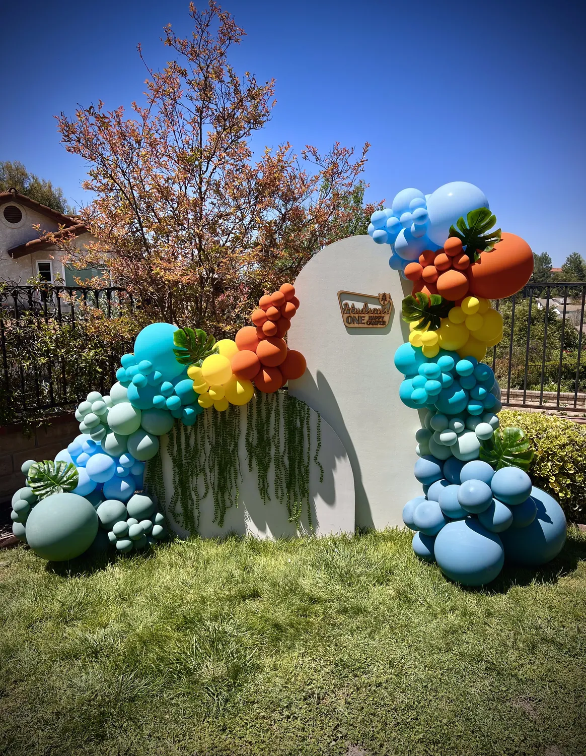 Bright multicoloured balloon arch across a white panel on a lawn.