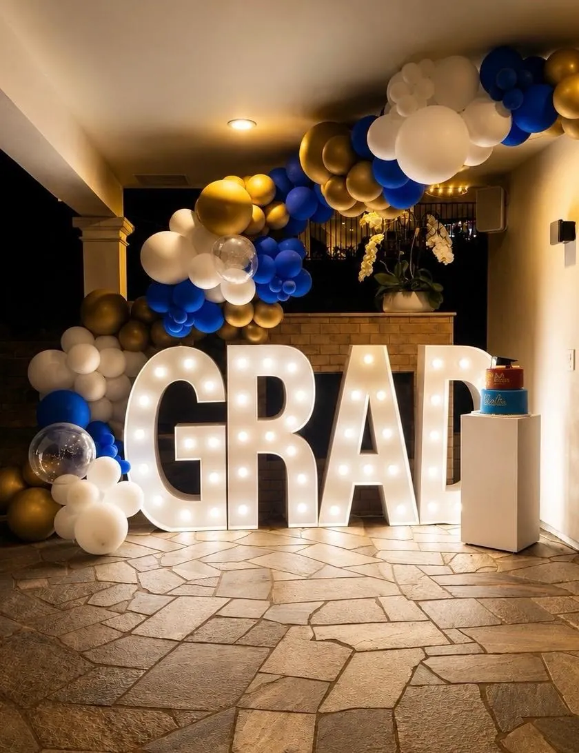 Navy, gold and cream balloon garland above light-up GRAD marquee letters.