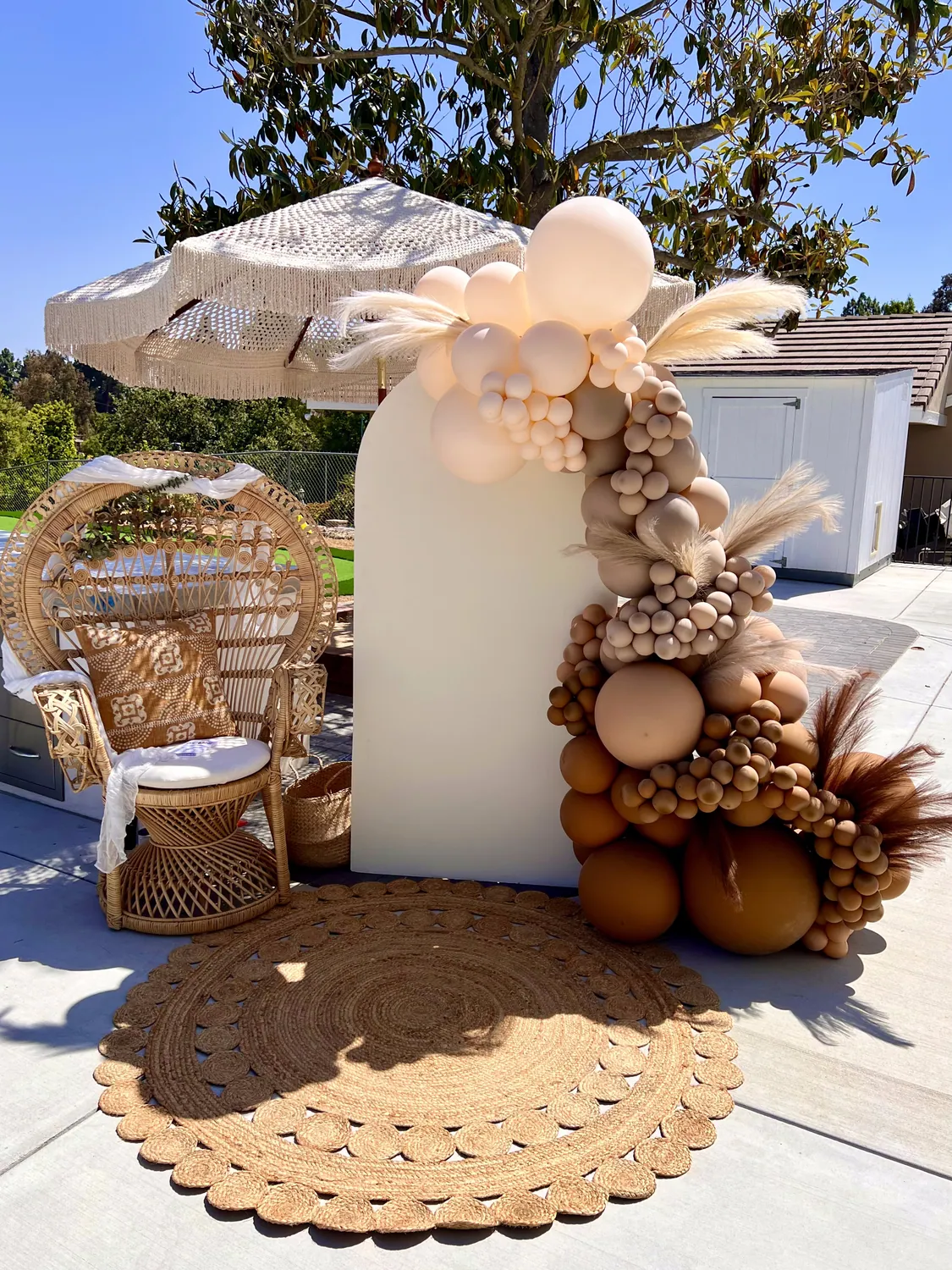 Neutral tan and cream balloon arch with pampas grass beside a peacock chair.