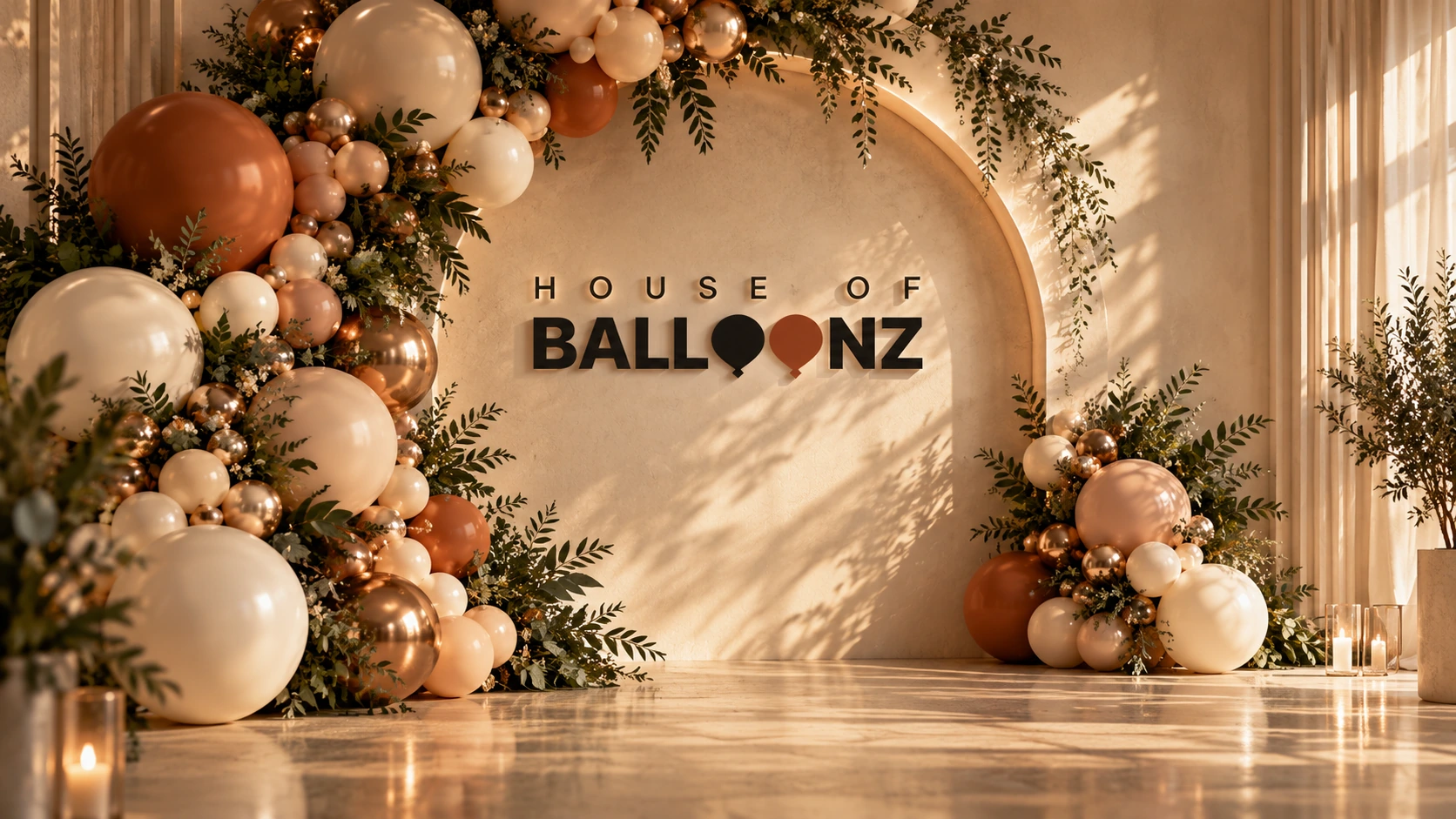 House of Balloonz branded header: a terracotta, cream and copper balloon arch with trailing greenery around the House of Balloonz sign in a sunlit stone room.
