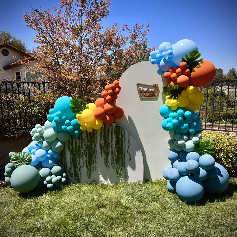Bright multicoloured balloon arch across a white panel on a lawn.