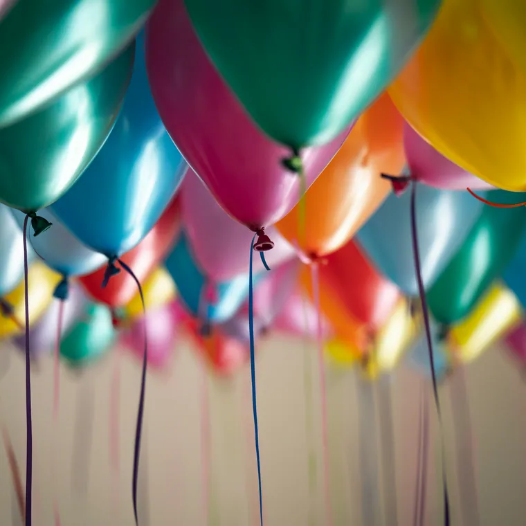 Ceiling covered in bright balloons with long ribbons hanging down.