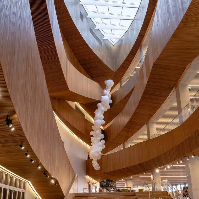 White balloon spiral suspended through a timber atrium ceiling.