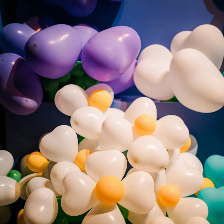 Dense wall of mixed cream, orange and purple balloons.